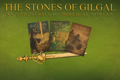 Book covers from Stones of Gilgal series by C.L. Smith - titles Balaam's Curse, A River to Cross, and Trouble in the Ruins